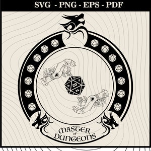 Black + White Dungeons and Dragons Svg Master of Dungeons Svg| Mystical D20 Dice Fantasy Art | Dungeon Master Hand Design | RPG Clipart Png