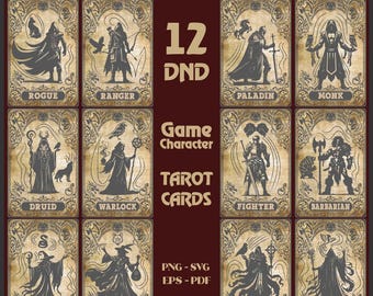 12 D&D Charakterklasse Tarotkarten mit Pergament-Hintergrund | 12 Fantasy-Charakter-Klassen-Designs | Vintage Rollenspiel Kartenkunst | RPG-Klasse Clipart