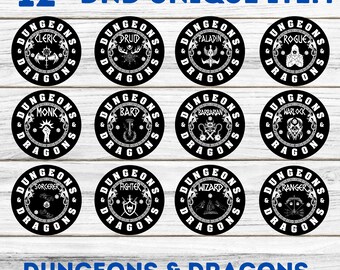 12 Different Designs Dungeons & Dragons Bundle Class Elements, Dnd 20 svg, Choose weapon svg, Dnd class Emblems, Svg - Png - Pdf - Jpg