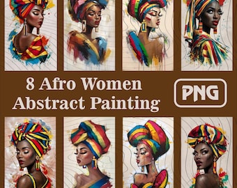 8 Abstract Afro Women Portraits Digital Art PNG Set, Colorful African Woman Wall Art for Sublimation, Afrocentric Home Decor, Black Queen