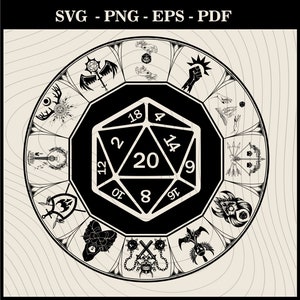 May include: A black and white illustration of a twenty-sided die with numbers 2, 4, 6, 8, 9, 10, 12, 14, 16, 18, and 20. The die is surrounded by a circle of 12 symbols, each representing a different class in Dungeons and Dragons.