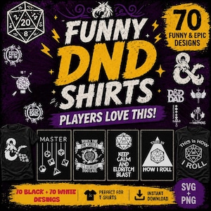 Puede incluir: Imagen promocional de camisetas de Dungeons and Dragons (D&D). La imagen presenta el texto "FUNNY DND SHIRTS" en amarillo y blanco, con varios diseños y la frase "PLAYERS LOVE THIS!". Incluye el texto "70 FUNNY & EPIC DESIGNS" y "PERFECT FOR T-SHIRTS".