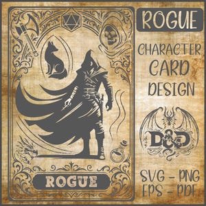 Op de afbeelding: Een digitaal ontwerp voor een Rogue-personagekaart. Het ontwerp toont een figuur met capuchon, een vos, een schedel en een draak. De tekst "Rogue Character Card Design" wordt weergegeven, samen met "D&D" en bestandsoptie.