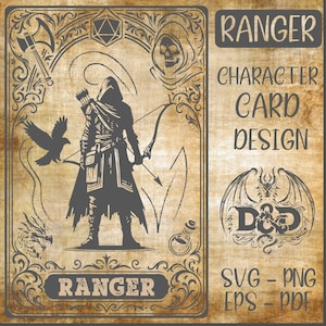 May include: A vintage-style Ranger character card design with a hooded archer, bow and arrow, and a raven. The card features the text "Ranger" and "Character Card Design", along with D&D and file type information.