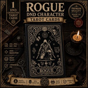 Può includere: Un mazzo di carte dei tarocchi nere e oro intitolato "Rogue DND Character Tarot Cards". Il mazzo presenta un'illustrazione di una figura incappucciata con spade. Il testo aggiuntivo include "Premium Quality Ready to Print" e "Commercial Use".