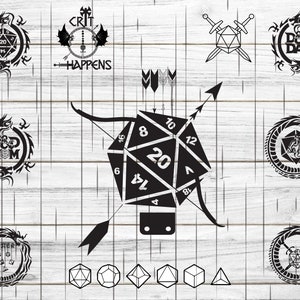May include: Black and white illustration of a 20-sided die with a dragon design. The die is surrounded by arrows and a bow. The text "CRIT HAPPENS" is also included in the image.