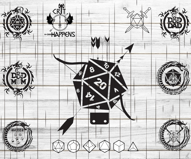 May include: Black and white illustration of a 20-sided die with a dragon design. The die is surrounded by arrows and a bow. The text "CRIT HAPPENS" is also included in the image.