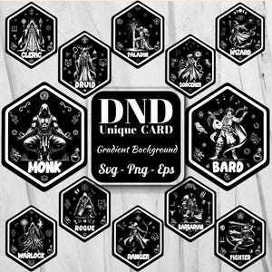 Puede incluir: Ilustración digital en blanco y negro de cartas de personajes de Dungeons & Dragons. Cada carta hexagonal presenta una ilustración de personaje y el nombre de su clase: Clérigo, Monje, Brujo, Druida, Pícaro, Paladín, Explorador, Hechicero, Bárbaro, Mago, Bardo y Luchador.