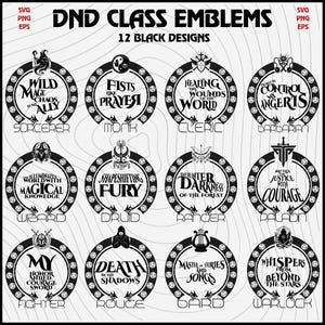 May include: A black and white graphic featuring 12 DND class emblems. Each emblem is a circular design with text and symbols representing classes like Sorcerer, Monk, Cleric, and Barbarian. The text "DND CLASS EMBLEMS" is at the top.