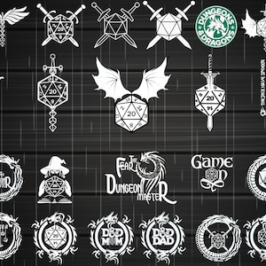 May include: A collection of 20 different Dungeons and Dragons themed designs featuring dragons, dice, swords, and the text "Fear the Dungeon Master".