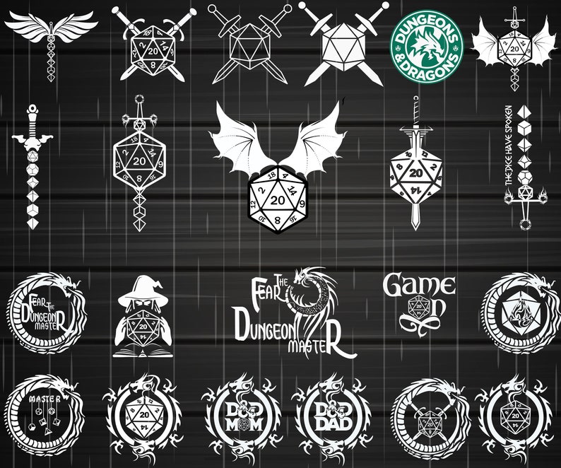 May include: A collection of 20 different Dungeons and Dragons themed designs featuring dragons, dice, swords, and the text "Fear the Dungeon Master".