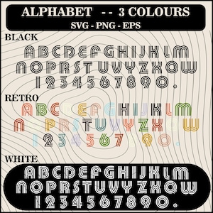 May include: A retro alphabet font in black, white, and multi-colored stripes. The font includes uppercase letters, numbers, and a period.