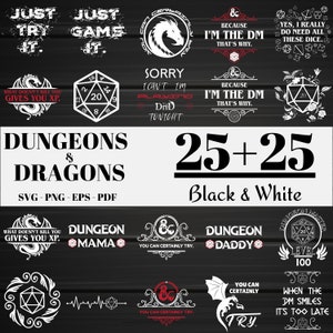 May include: A black and white graphic design set featuring Dungeons and Dragons themed illustrations. The set includes a variety of designs, including a dragon, dice, and the Dungeons and Dragons logo. The text "25+25 Black & White" is also included in the design.