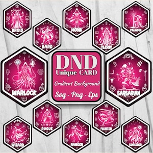 May include: A collection of Dungeons and Dragons (D&D) themed cards with a gradient background. Each card features a different class, including Druid, Bard, Monk, Cleric, Paladin, Warlock, Barbarian, Rogue, Ranger, Fighter, and Sorcerer.