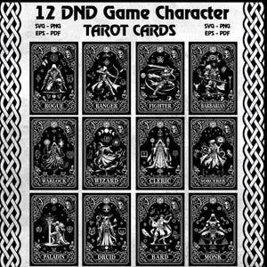 12 DND Class-tarotkaarten | Fantasie rpg-clipart | Zwart-wit TTRPG-kunst |  Dungeons and Dragons Svg | Gotische DND-kunst | Clipart RPG-klasse