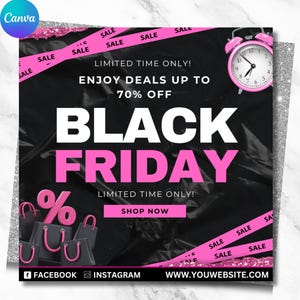 Puede incluir: Anuncio de rebajas del Black Friday con diseño rosa y negro. El texto dice "Disfruta de descuentos de hasta el 70%" y "Black Friday". Incluye un despertador rosa, bolsas de la compra e iconos de redes sociales.