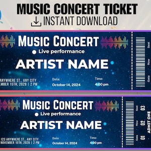 Editable Concert Ticket Template, Custom Concert Ticket Gift,  Event Ticket,  Printable Concert Tickets Gift Idea, Canva Template
