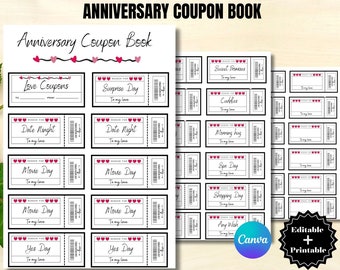 May include: Printable anniversary coupon book with a pink and black design. The coupons include options like "Love Coupons", "Surprise Day", "Date Night", "Movie Day", "Yes Day", "Sweet Kisses", "Cuddles", "Morning Hug", "Spa Day", "Shopping Day", and "Any Wish".