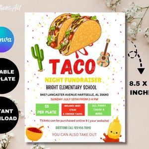 Taco Dinner Flyer, bearbeitbare mexikanische Nacht-Spendenaktion einladen, pto pta Church School Charity-Spendenaktion, Taco-Abendessen-Karte, Taco-Spendenaktion