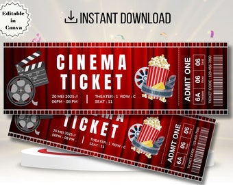 Peut inclure: Deux billets de cinéma rouge et blanc avec une claquette de cinéma, une bobine de film et un seau de popcorn. Les billets portent le texte "Cinema Ticket" et "Admit One" avec la date "20 Mei 2025 // 06PM - 08 PM" et le numéro de siège "11".