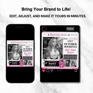 May include: A smartphone and a tablet display a promotional graphic for "Spooky Times." The graphic features a woman, text that reads "Bad Witches Only! October Bookings Are Now Open!" and a call to action.