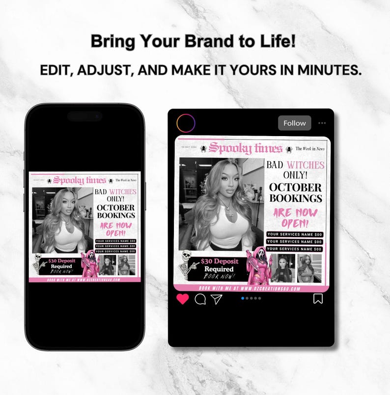 May include: A smartphone and a tablet display a promotional graphic for "Spooky Times." The graphic features a woman, text that reads "Bad Witches Only! October Bookings Are Now Open!" and a call to action.