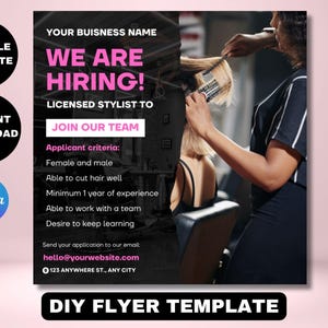 Puede incluir: Un folleto negro y rosa con el texto "We Are Hiring!" y "Licensed Stylist to Join Our Team". El folleto también incluye el texto "Applicant criteria:" seguido de una lista de requisitos, como "Female and male", "Able to cut hair well" y "Minimum 1 year of experience". El folleto también incluye el texto "Send your application to our email: hello@yourwebsite.com" y "123 Anywhere St., Any City".