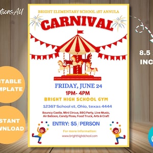 EDITABLE Carnival Flyer& Ticket, Printable PTA PTO Flyer, School Church Benefit Fundraiser Event Poster, Digital Party Printable Invitation