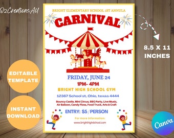 Bearbeitbarer Karneval Flyer & Ticket: Schulspendenfeier Einladung (Digital)