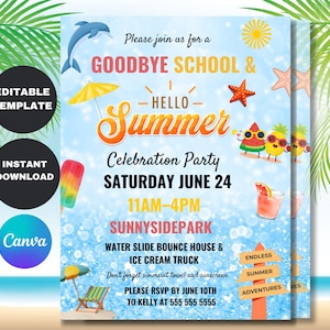 Invitación a fiesta de fin de curso, fiesta de fin de curso, fiesta de verano en la piscina, invitación a fiesta en la piscina, hola verano, editable, plantilla de Canva