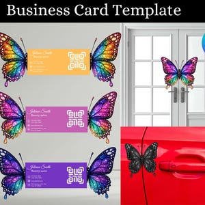 May include: Business card template featuring colorful butterfly designs. The cards have the text "Juliana Smith Beauty Salon" and a QR code. A Canva logo is also visible.