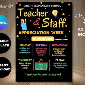 Editable Teacher Appreciation Week Itinerary Poster Teachers Staff Appreciation Week Event Flyer Printable Template Instant Digital Download