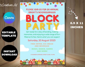 EDITABLE Neighborhood Block Party Invitation, Bbq Picnic Summer Party, Announcement Flyer INSTANT DOWNLAOD