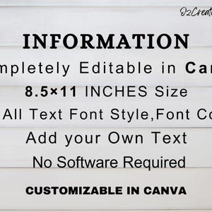Może przedstawiać: Białe drewniane tło z czarnym tekstem, kt&oacute;ry brzmi &bdquo;INFORMATION&rdquo; i &bdquo;Całkowicie edytowalne w Canva&rdquo;. Tekst podaje r&oacute;wnież rozmiar 21,6 x 27,9 cm. Dodatkowy tekst zawiera &bdquo;Edytuj wszystkie style czcionek tekstu, kolory czcionek&rdquo; i &bdquo;Dodaj własny tekst&rdquo;.
