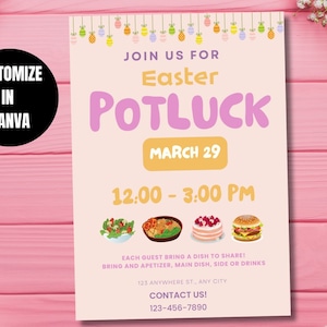 Op de afbeelding: Een roze en oranje printbare uitnodiging voor een paaspotluck. De uitnodiging bevat een cartoonafbeelding van paaseieren, een bord met eten en de tekst "Join us for Easter Potluck, March 29, 12:00-3:00 PM".