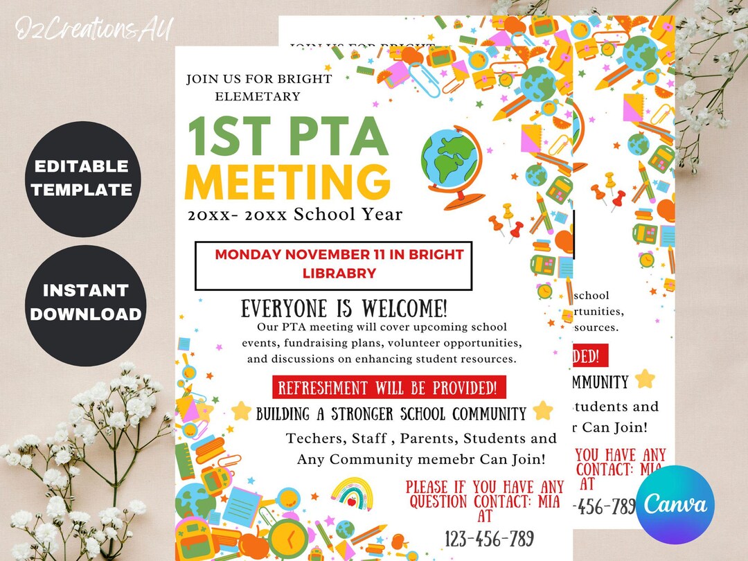 EDITABLE PTA Meeting Handout Flyer, School Fundraiser Event, Printable ...