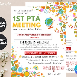 EDITABLE PTA Meeting Handout Flyer, School Fundraiser Event, Printable Volunteer Handout Digital Template Instant Download