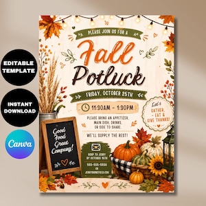 Pode incluir: Um folheto de convite para um potluck de outono com texto laranja e castanho, folhas de outono, abóboras, um quadro-negro com o texto Good Food Great Company e luzes de corda para sexta-feira, 25 de outubro, das 11:30 às 13:30.