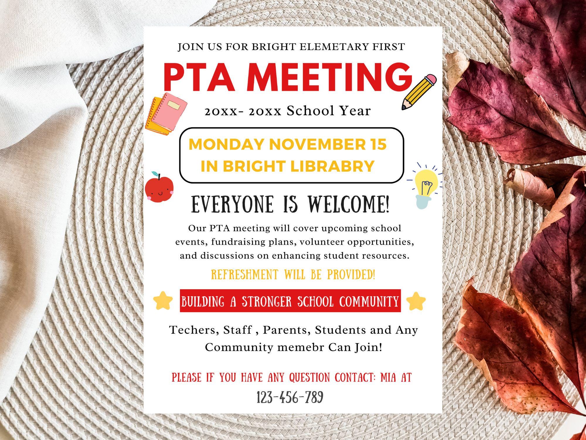 PTO PTA Meeting Flyer: Editable Back to School Template (canva) - Etsy