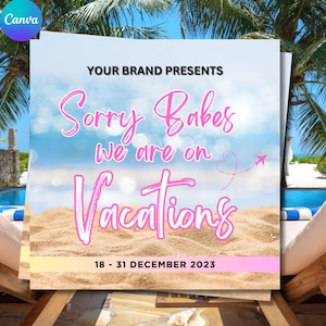 Folleto de vacaciones para empresas / Salón de belleza cerrado / Plantilla para redes sociales en modo vacaciones / Canva editable