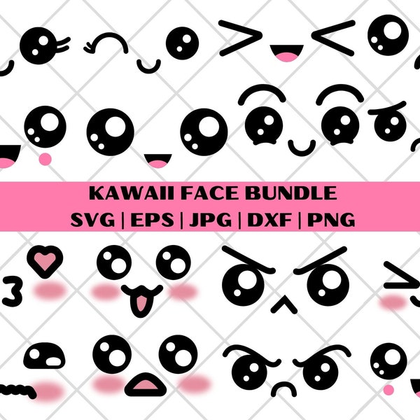 Kawaii Faces SVG Bundle, Cute Face Clipart, Cartoon Emoji Face svg Faces Digital, Anime Faces, Sticker Art, Commercial Use Download PNG