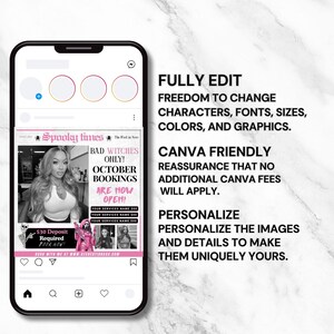 May include: A smartphone displays a promotional graphic for October bookings, featuring a woman's image and text that reads "BAD WITCHES ONLY!" and "ARE NOW OPEN!" Additional text includes "FULLY EDIT" and "CANVA FRIENDLY."