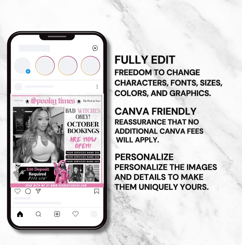 May include: A smartphone displays a promotional graphic for October bookings, featuring a woman's image and text that reads "BAD WITCHES ONLY!" and "ARE NOW OPEN!" Additional text includes "FULLY EDIT" and "CANVA FRIENDLY."