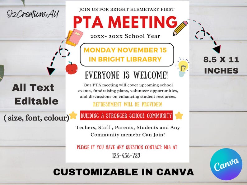 Pta Library PTO PTA Meeting Flyer: Editable Back to School Template (canva) - Etsy