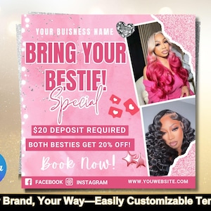 Best Friend Deal Flyer, Bring a Friend Sale Flyer, Bestie Deal Flyer, Makeup Flyer, Knotless Braid Flyer, Social Media Flyer, Canva Editable