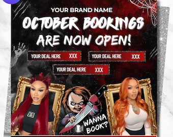 Bokningsflyer för oktober, Boköppet i oktober, Halloween-hårflyer, Spöklikt SZN-flyer, Hårflyer för oktober, Naglar MUA-fransar, Peruk, DIY-canvas