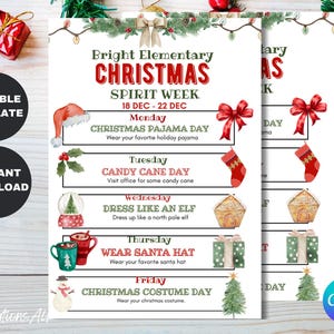 Customizable Holiday School Spirit Week Flyer, PTO Schedule, December Itinerary, Xmas PTA, Editable in Canva, Christmas Newsletter, Events