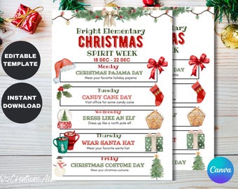 Customizable Holiday School Spirit Week Flyer, PTO Schedule, December Itinerary, Xmas PTA, Editable in Canva, Christmas Newsletter, Events