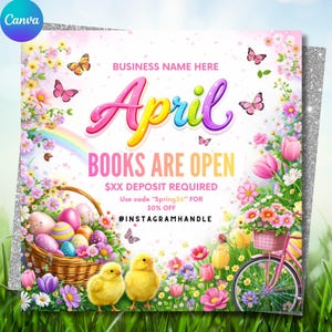 May include: A colorful spring-themed graphic with the word "April" in a vibrant, multi-colored font. The text "BOOKS ARE OPEN" is displayed below. The image includes butterflies, flowers, Easter eggs, chicks, and a bicycle.