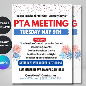 Editable PTO PTA July Meeting Flyer, Meeting Reminder Invitation, Summer PTA Meeting Template, 4th of July Pta Flyer Printable